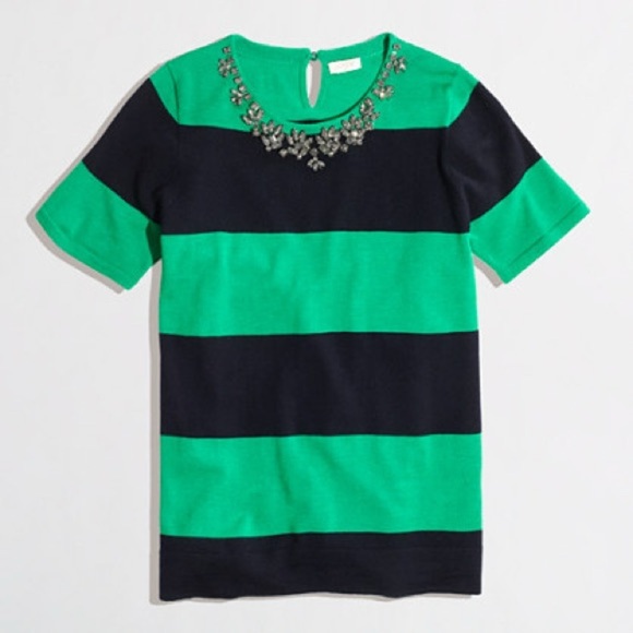 J. Crew Sweaters - J.Crew Navy Blue and Green Stripe Bejeweled Merino Wool Short Sleeve Sweater, XS